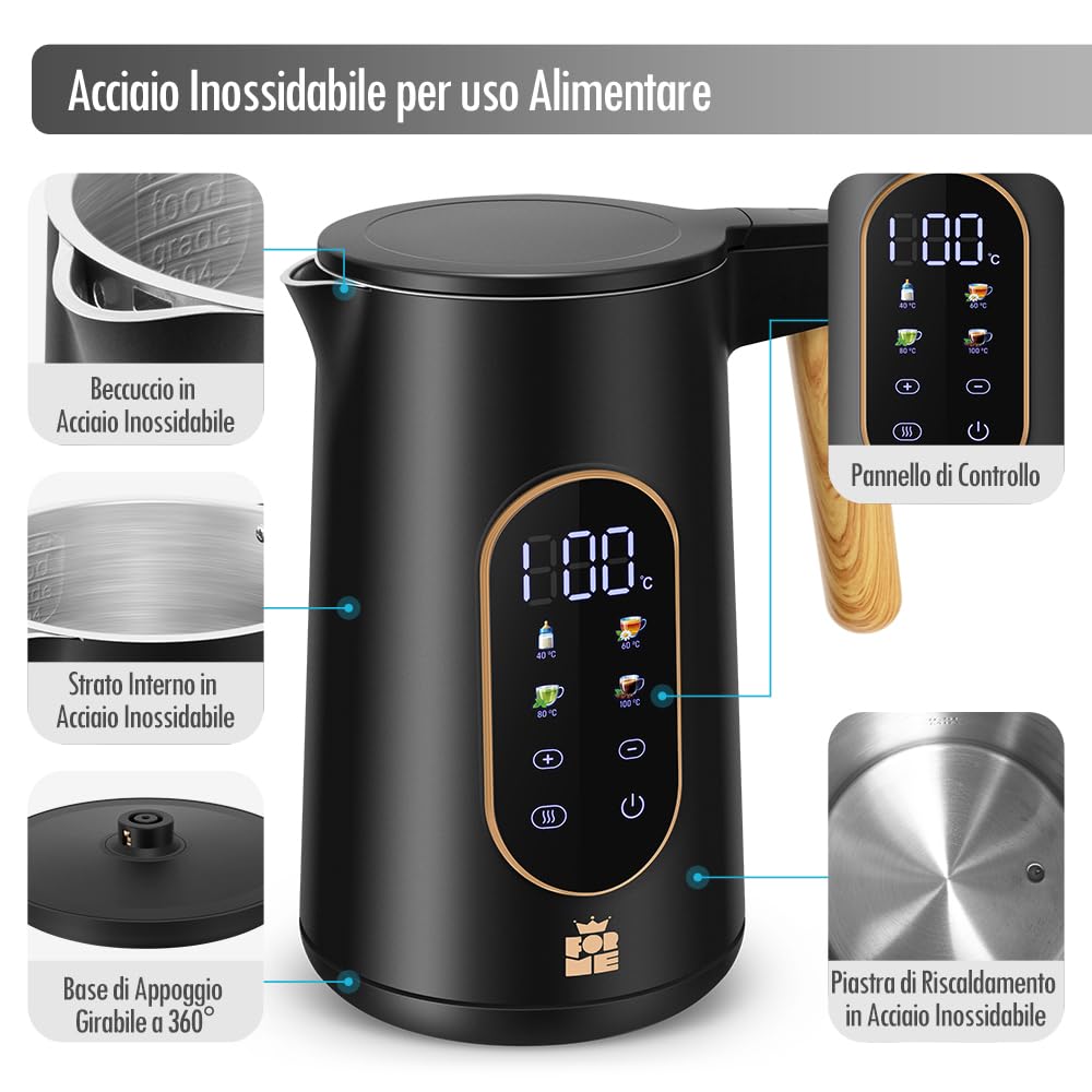 ForMe Bollitore Elettrico In Acciaio Inox 1,7 L Temperatura Regolabile da 40-100 C I Funzione di Mantenimento Caldo LED Display Digitale della Temperatura I Arresto Automatico I Teiera Senza BPA