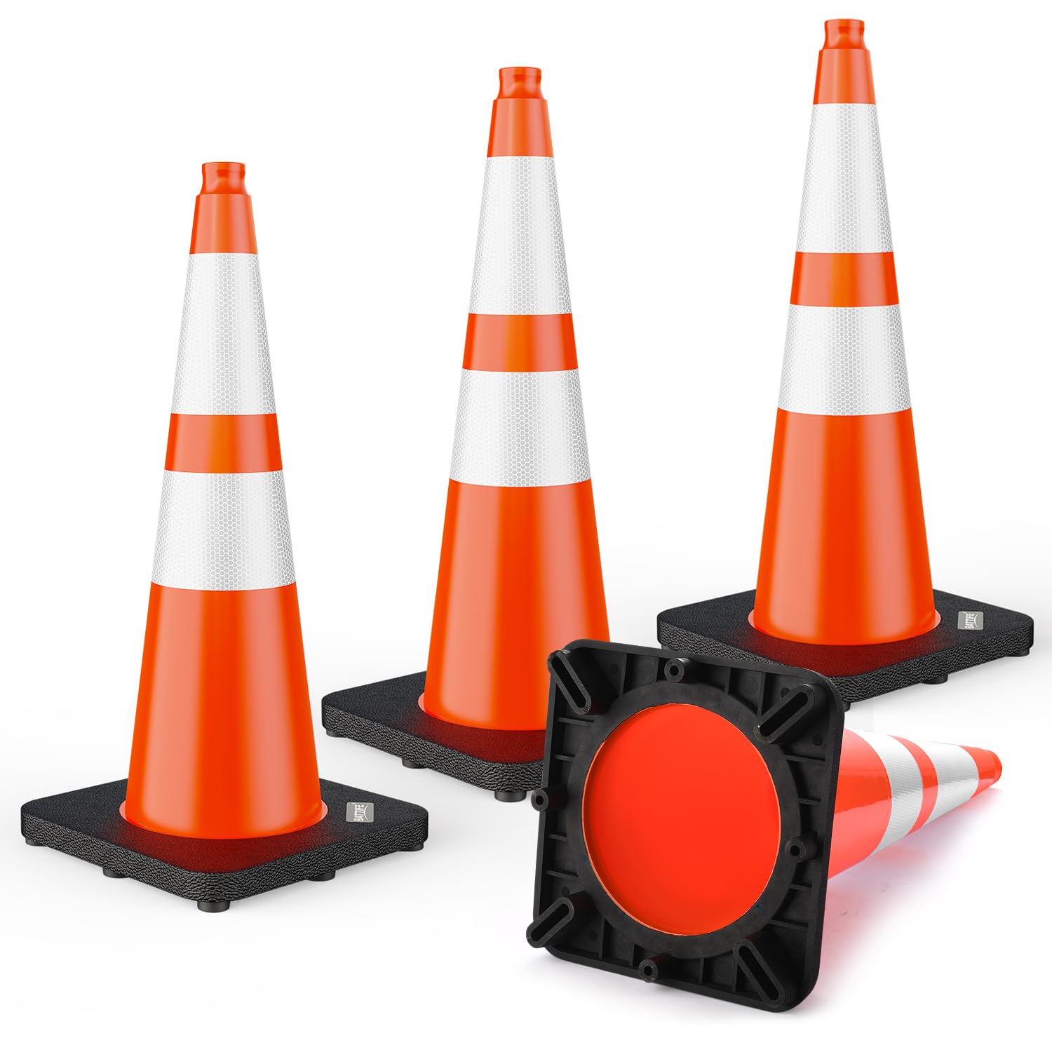 BATTIFE 28 Inch Traffic Cones with Black Weighted Base, PVC Orange Safety Cones for Traffic Control, Construction Events, Driveways, and Parking Lots