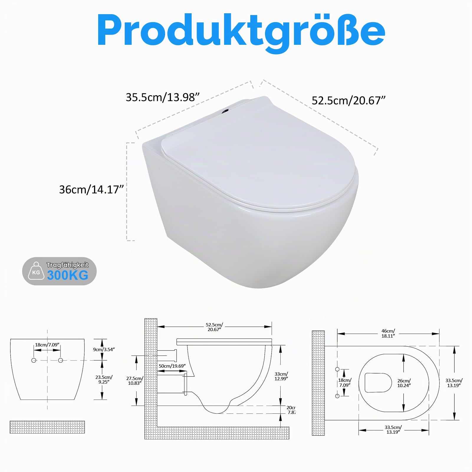 Wand WC Spülrandlos Hängend mit Softclose Sitz, Hänge WC Keramik 4L 360 Grad Wirbelspülung, Tiefspüler mit Absenkautomatik, platzsparende wandhängende Toilette 52,5 x 36 x 35 cm, 300 kg (Weiß)