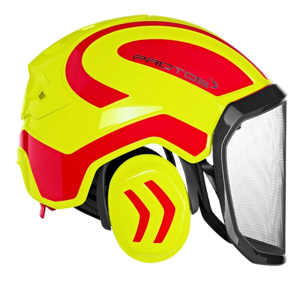 Casque de sécurité Protos Integral Forest 204002-21 - Jaune fluo et rouge certifié KWF - Protection auditive intégrée - Ventilation à 360°