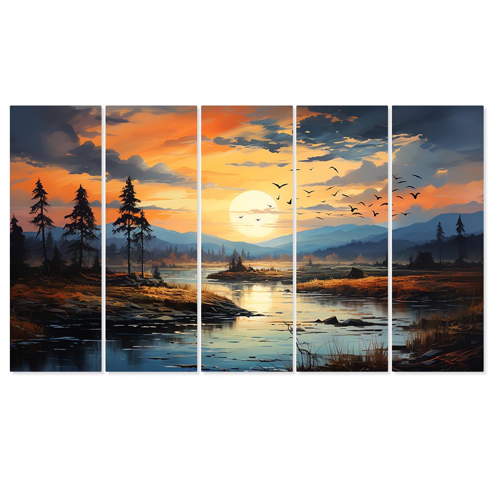 DEKORSTATION Multicolor Multiple Frames, Beautiful Sunrise Nature Wall Painting for Living Room, Bedroom, Office, Hotels, Drawing Room Wooden Framed Digital Painting | dspnl573