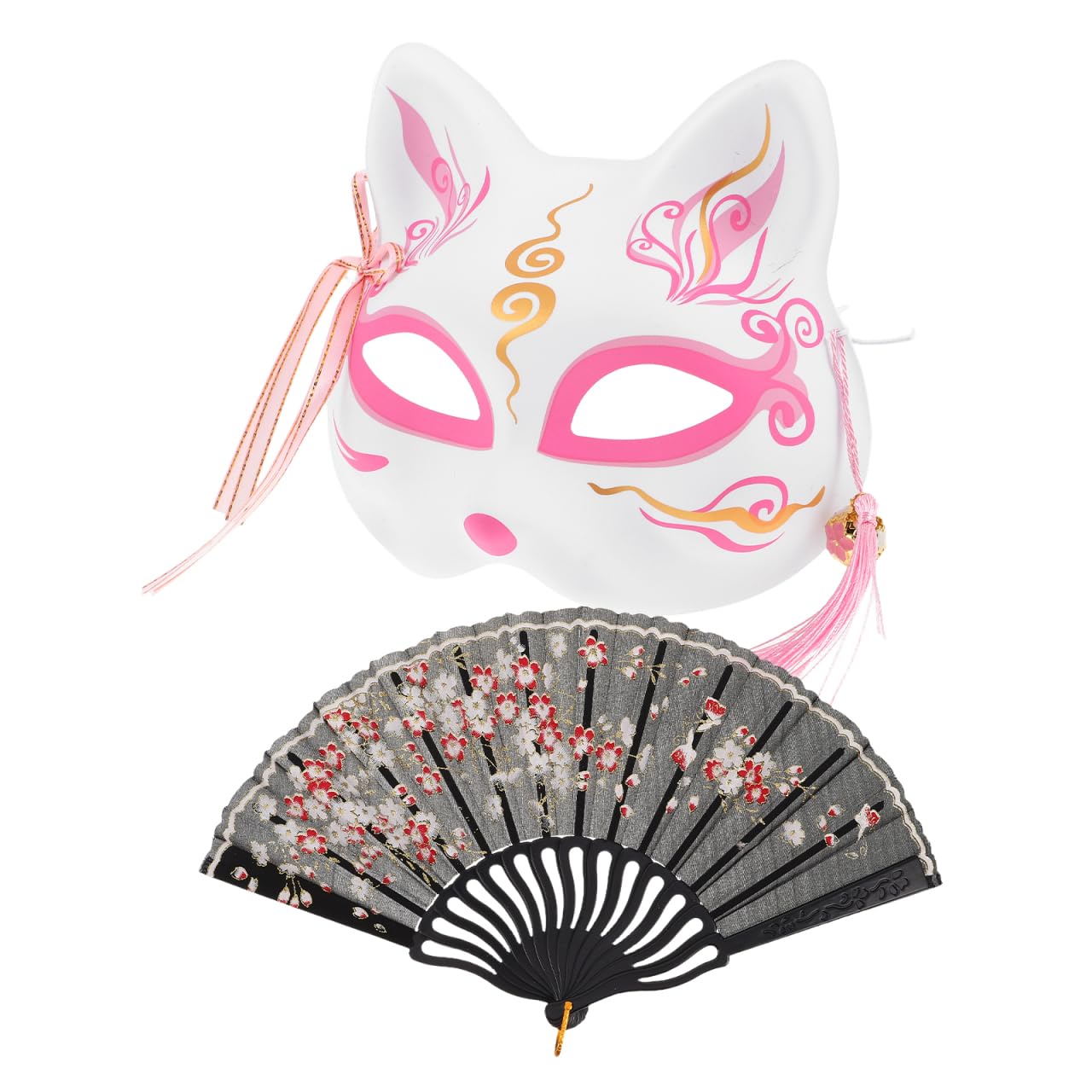 minkissy Halloween Fox Mask with Decorative Folding Hand Fan Japanese Cosplay Animal Half Mask for Masquerade Party and Stage Performance