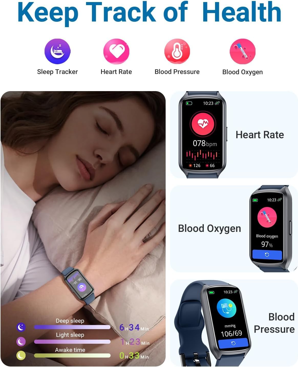 Rastreador de fitness con frecuencia cardíaca 24/7, oxígeno en sangre, presión arterial, rastreador de sueño, contador de pasos, rastreadores de actividad impermeables 5ATM y relojes inteligentes para