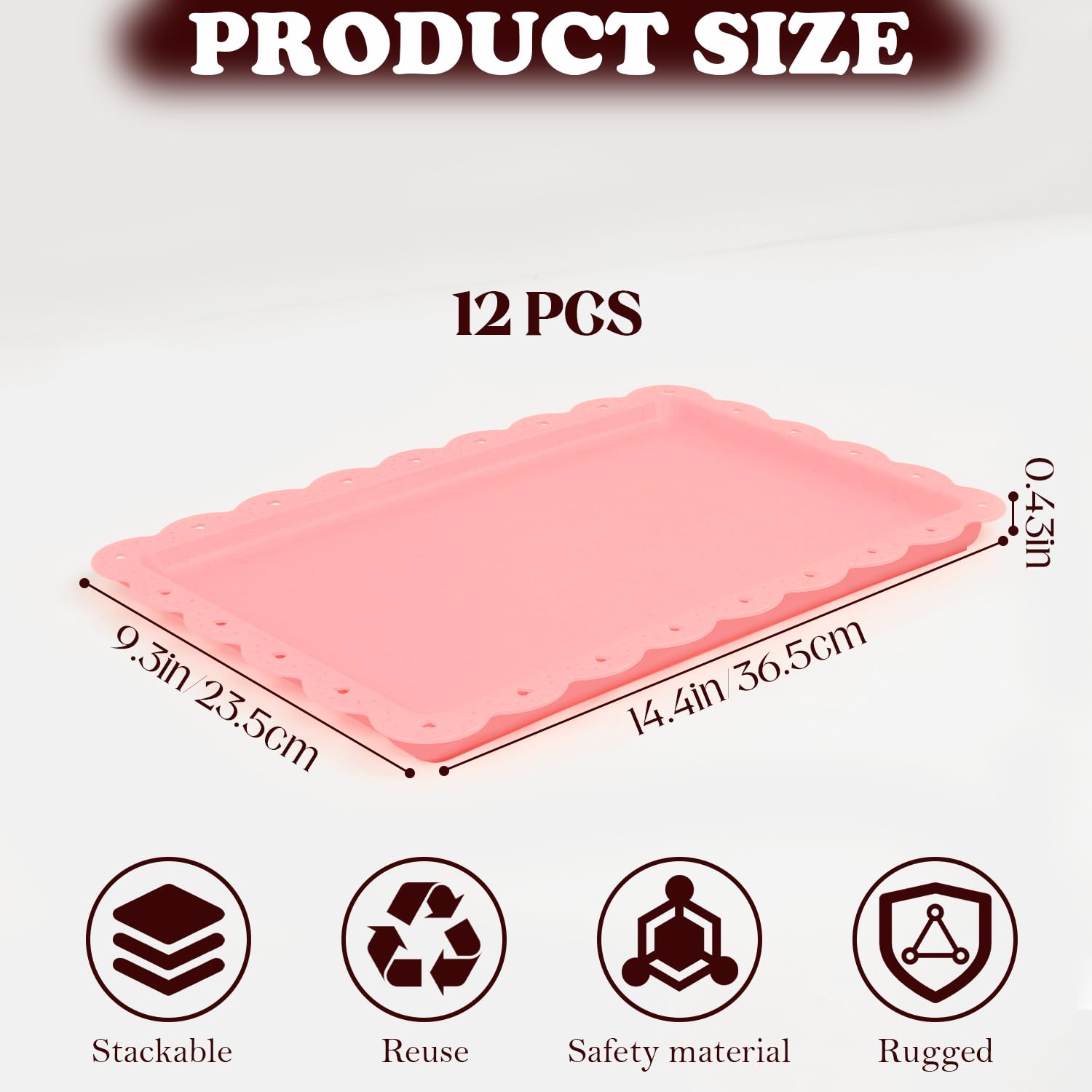 Bandeja de comida, paquete de 12 bandejas de servir para servir alimentos, bandejas de plástico para servir frutas, bandeja grande para servir fiestas, bodas, restaurantes, 14.4 x 9.3 pulgadas (rosa)