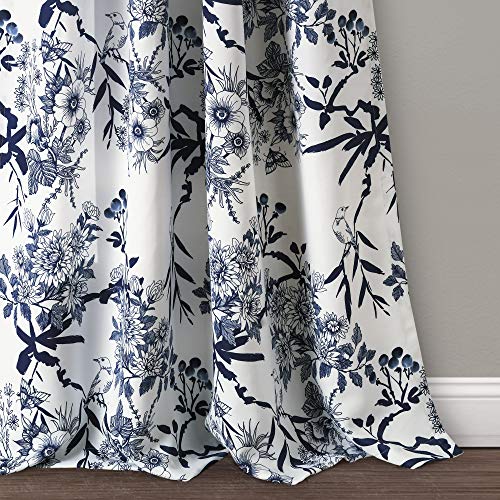 Lush Decor, Navy Botanical Garden Curtains Floral Bird Print Room Darkening Window Panel Drapes Set for Living Dining - Image 3