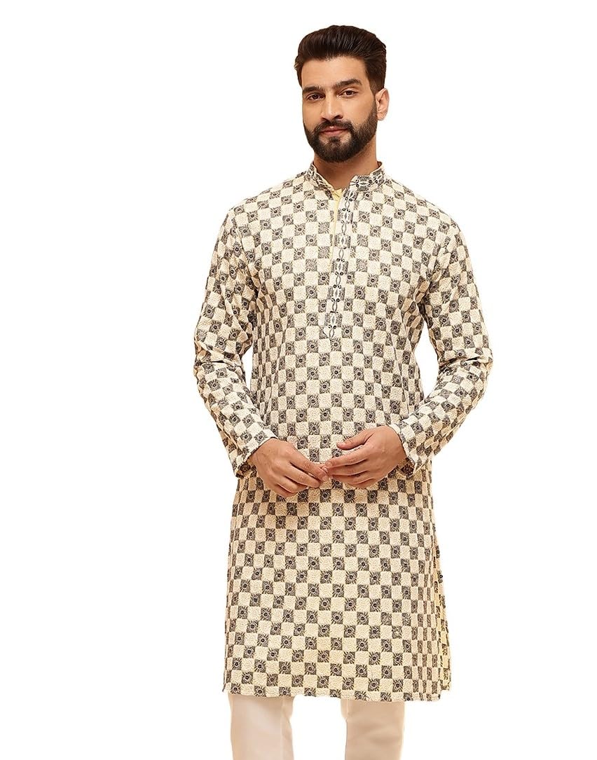 Sojanya (Desde 1958 - Kurta larga de rayón de algodón bordado con lentejuelas para hombre