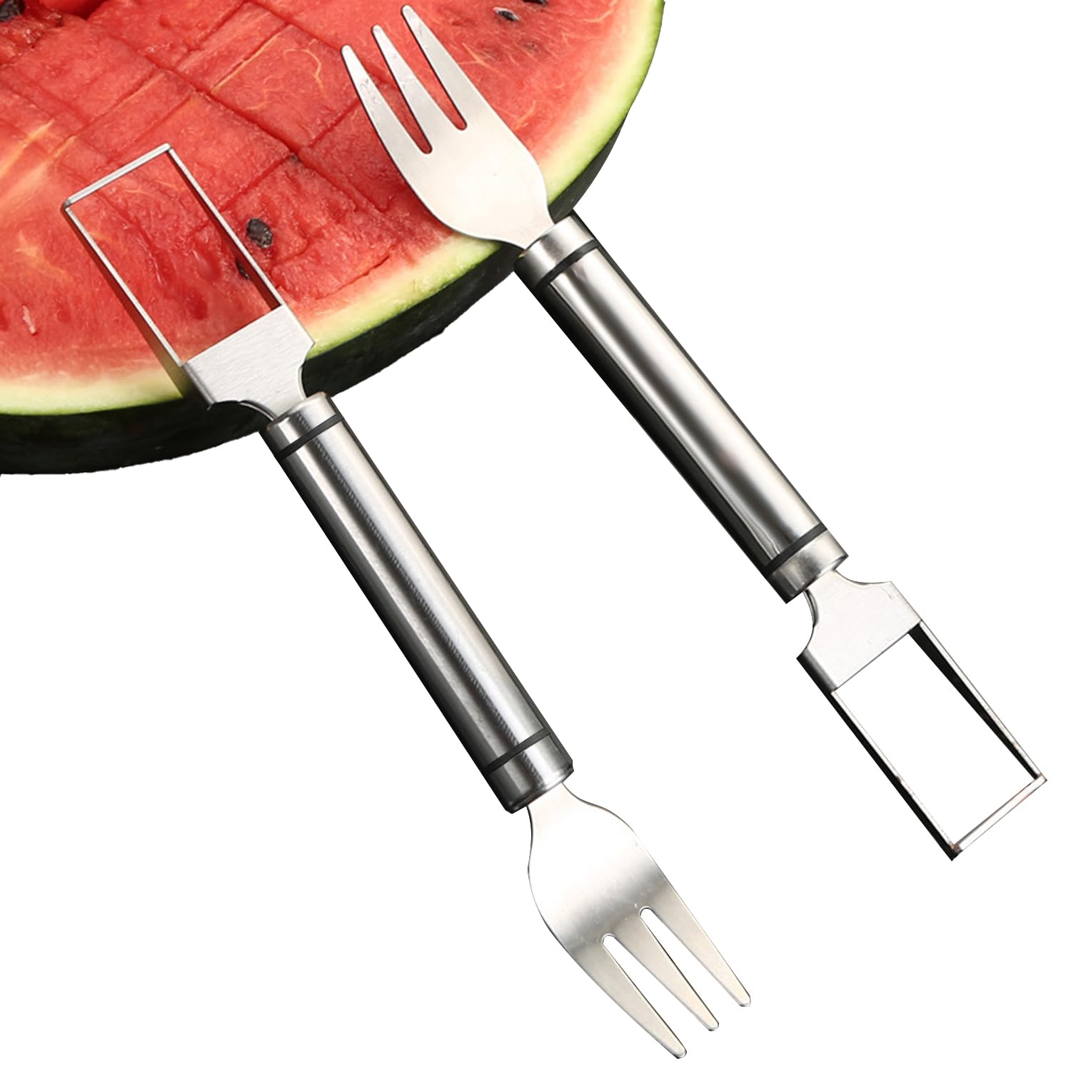 WUBAYI Cortador de frutas de acero inoxidable 2 en 1, cortador y cortador de melón de doble cabeza, cortador de cubos de sandía con tenedor, herramienta de corte de frutas de verano (paquete de 2)
