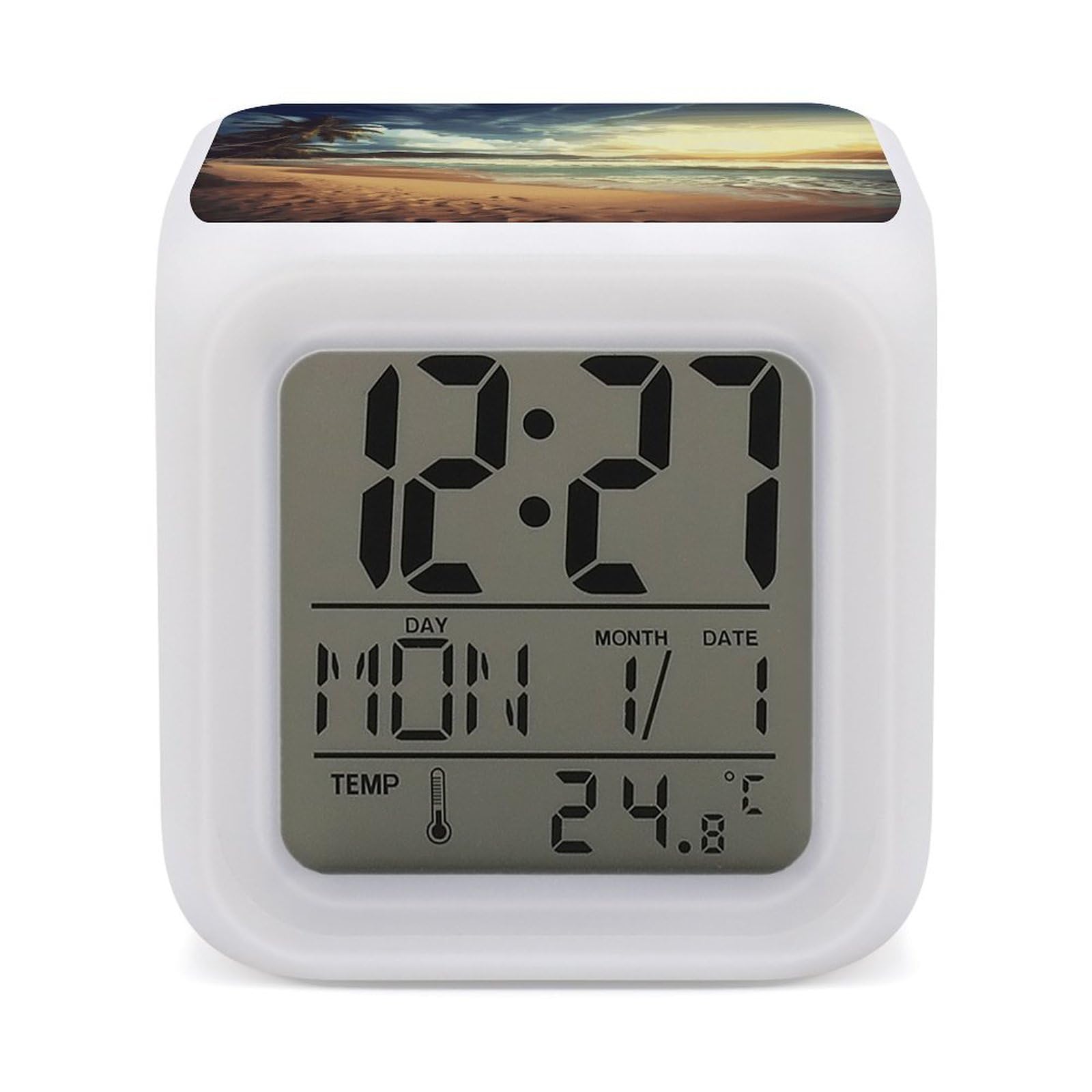 FekiLoot Sunset on The Beach Alarm Clock for Heavy Sleepers Small Digital Alarm Clock with Date Temperature Wake Up Digital Clocks with 7 Colors Changing Desk Clocks for Bedroom Bedside Nightstand
