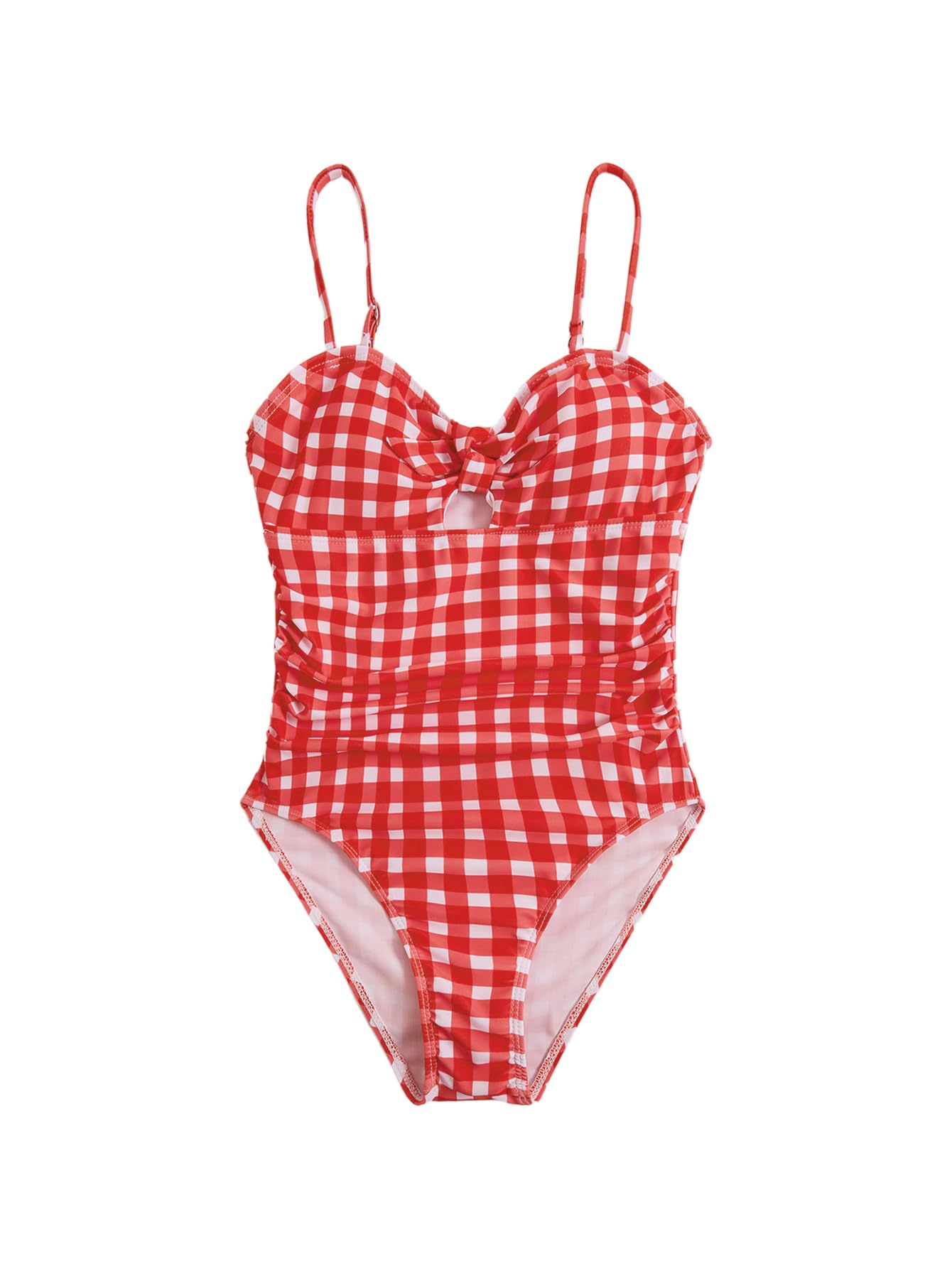 Photo 1 of Floerns Girl's Gingham Print Ruched Cut Out Knot Front One Piece Swimsuit