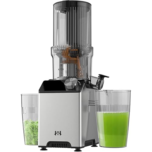 Cold Press Juicer, Juicer Machines with 4.35'' Wide Feed Chute, Stainless Steel Masticating Juicers Easy to Clean, Ergonomic Operational Panel Design, High Juice Yield, Gray Knob