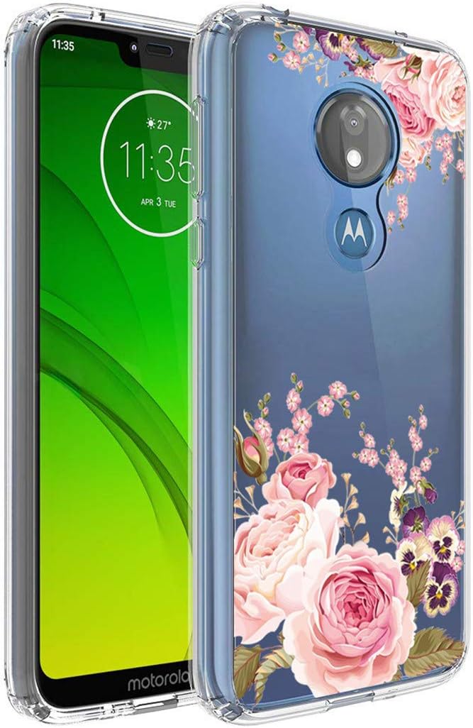 Moto G7 Power Case, Moto G7 Supra Phone Case with Flowers, Ueokeird Slim Shockproof Clear Floral Pattern Soft Flexible TPU Back Phone Protective Cover for Motorola Moto G7 Power (Rose Flower)