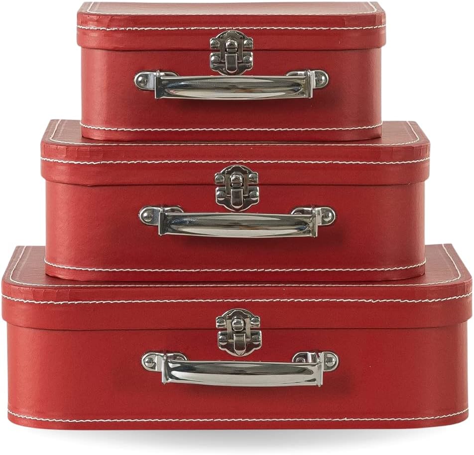 Decorative Suitcase Storage Boxes with Handle, Set of 3 Cardboard Suitcase Boxes with Lids, Red Vintage Luggage Prop Travel Decor for Home, Travel Themed Party Decorations