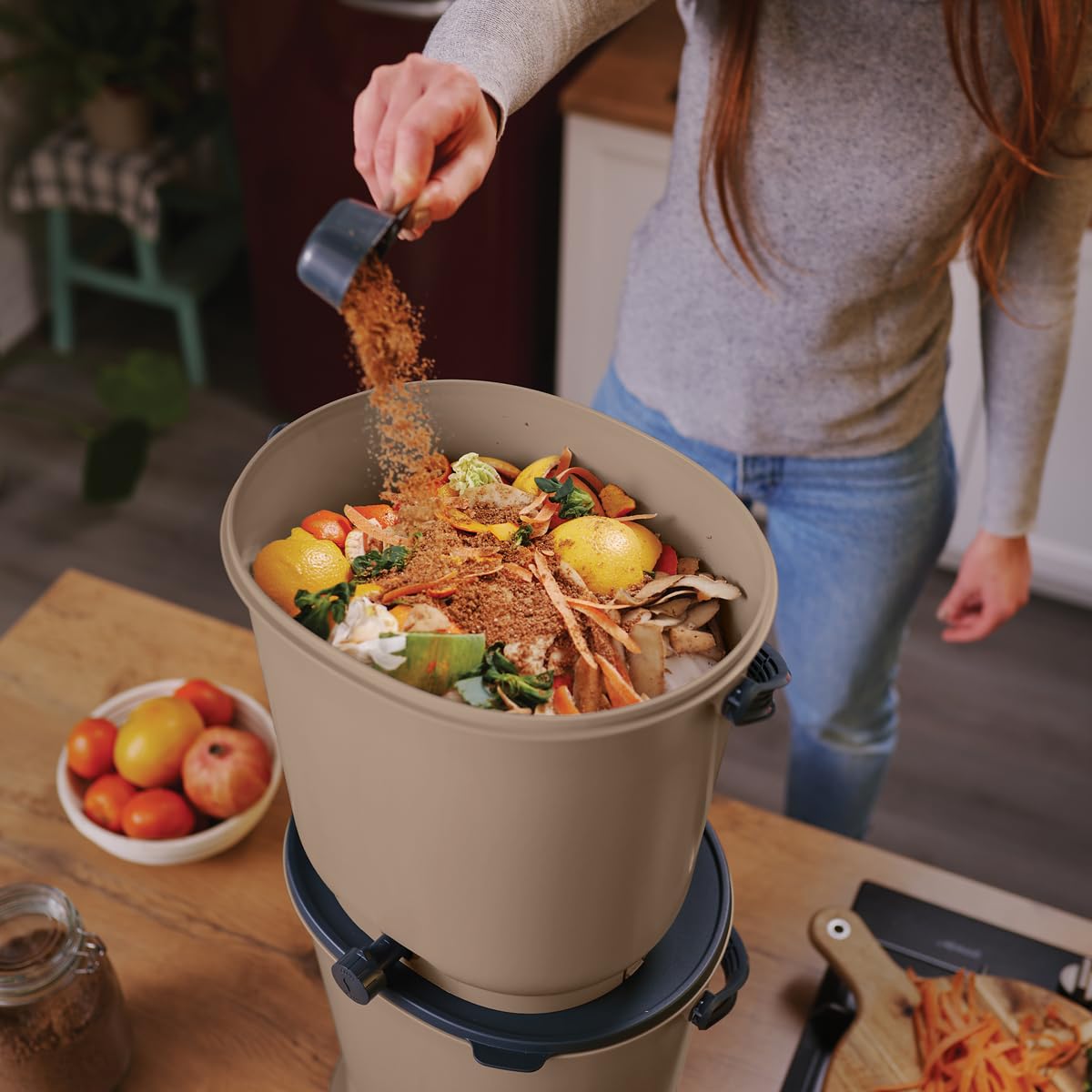 Lot de 2 composteurs Bokashi Essential 15,3L+1kg de Brain+1 Base-Capuccino