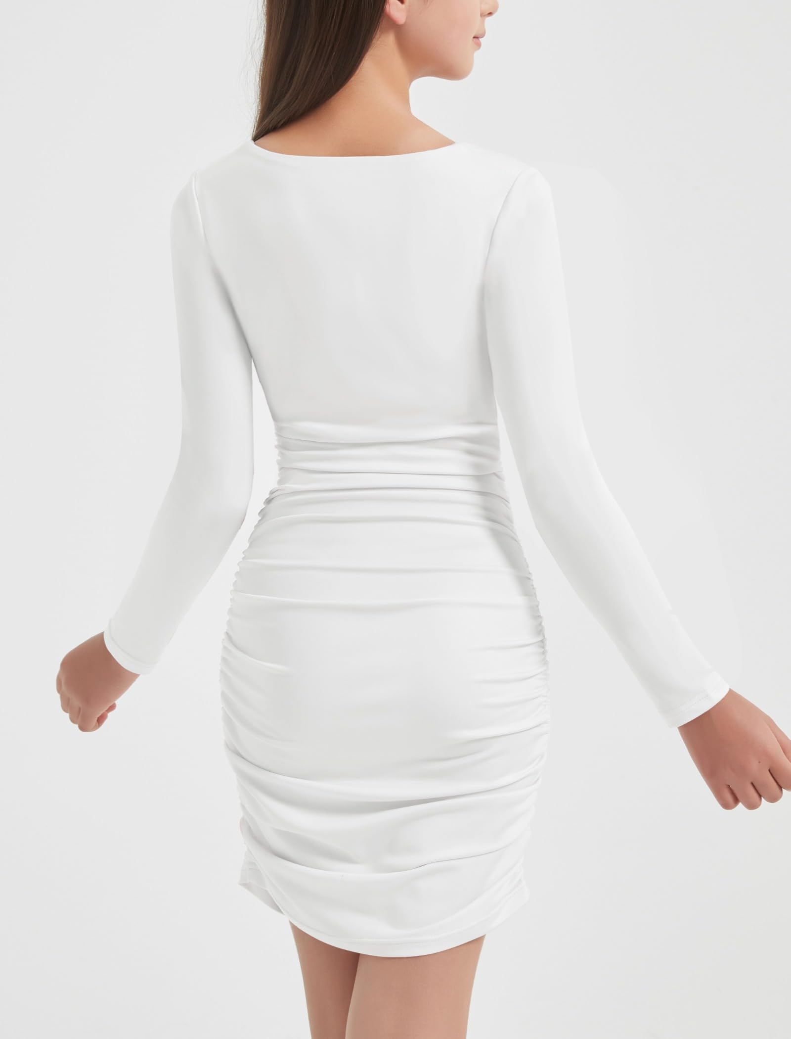 EXARUS Abito formale a maniche lunghe/spalline sottili per ragazze Teen Party Dance Tween Bodycon increspato Prom Aderente Abiti carini