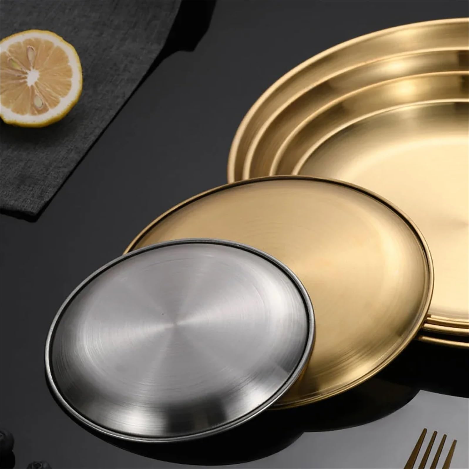 Bandeja de Servicio de Acero Inoxidable Juego De 6 Platos Acero Inoxidable For Pollo Frito, Barbacoa, Carne, Verduras, Frutas, Bandeja Almacenamiento For Fiestas(30cm Gold)