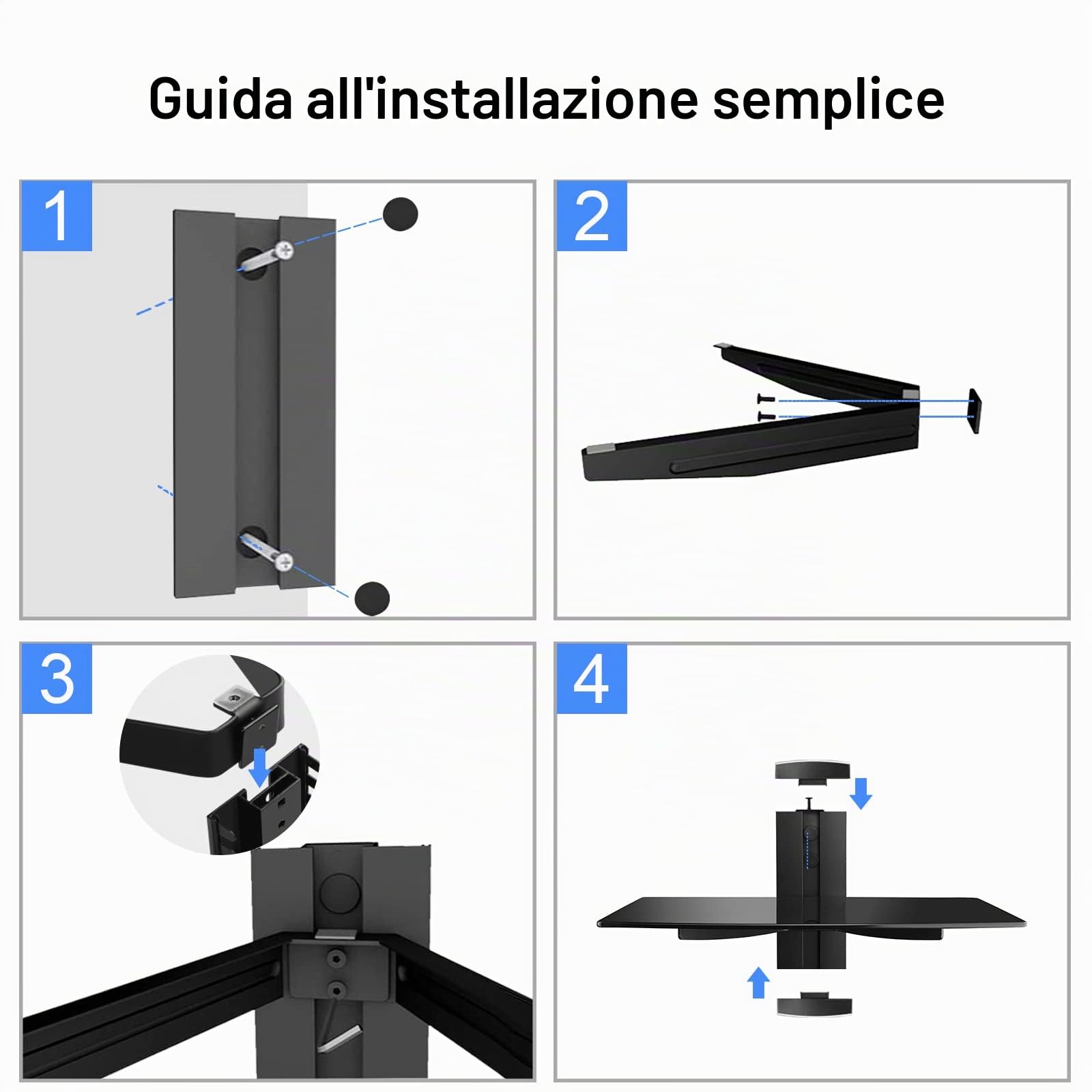 Suptek Supporto da Parete per Lettori DVD e Console TV con Ripiano in Vetro Nero CS201
