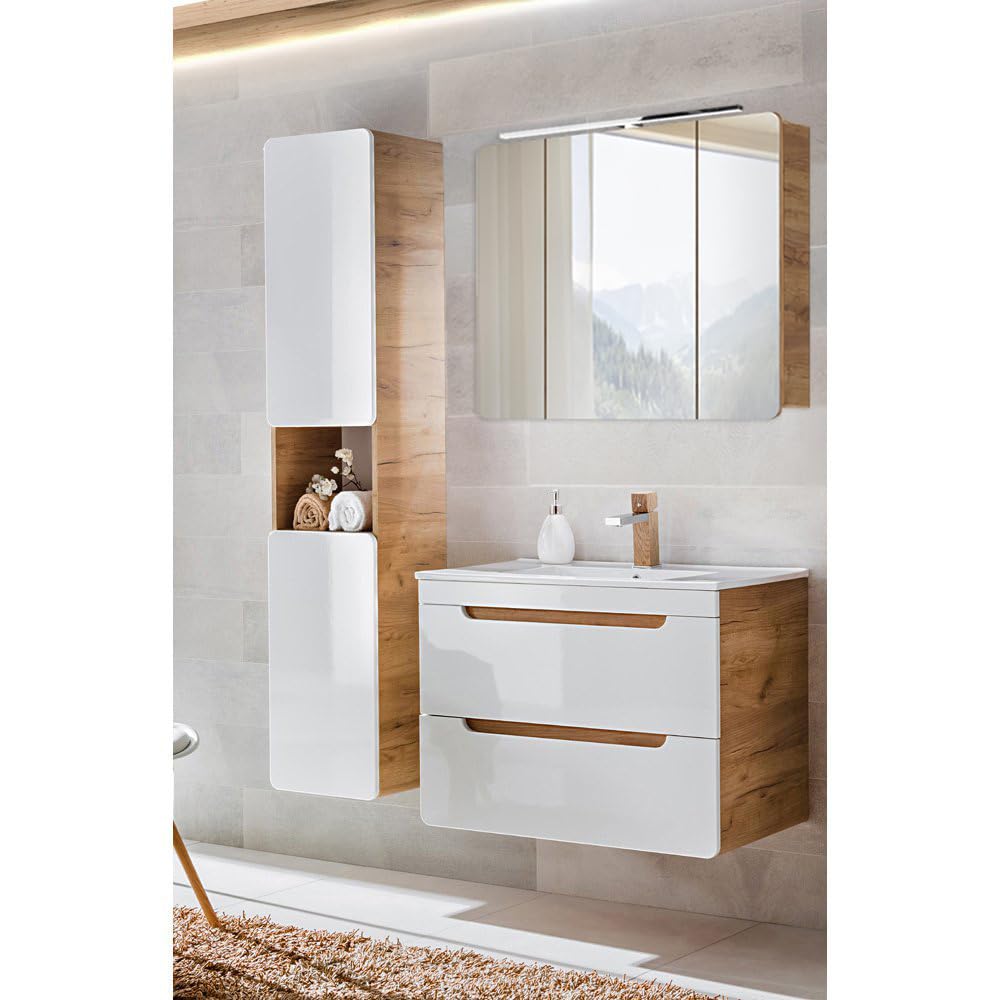 Lomadox Badmöbel Set mit Keramikwaschtisch in Hochglanz weiß mit Wotan Eiche Nb. LUTON-56 mit LED-Spiegelschrank, B/H/T ca. 130/200/46 cm