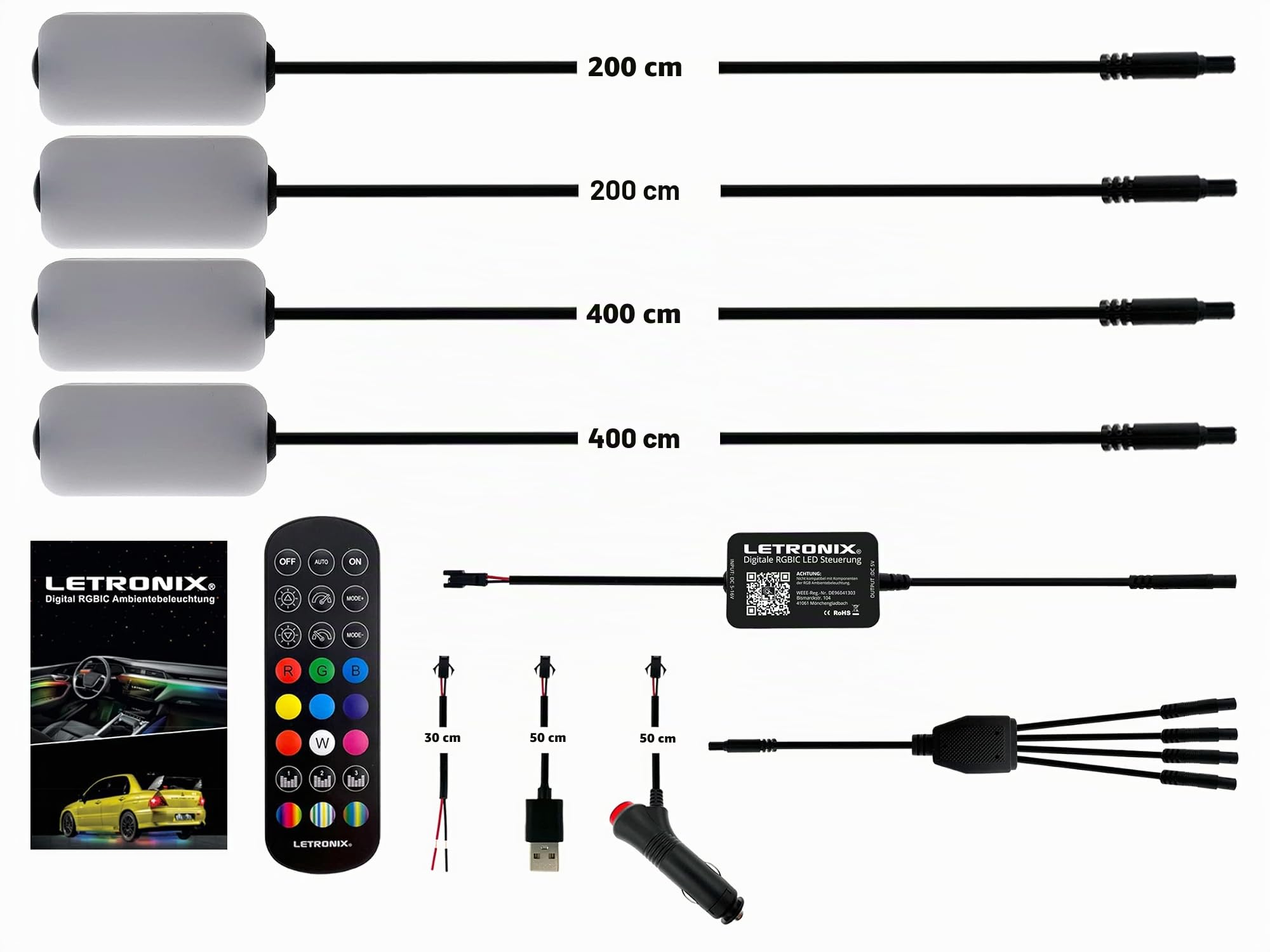 RGBIC RGB Full LED Rainbow Auto Ambientebeleuchtung (Für Fußraumbeleuchtung Set mit 4X LED Modulen) mit APP Steuerung und Fernbedienung