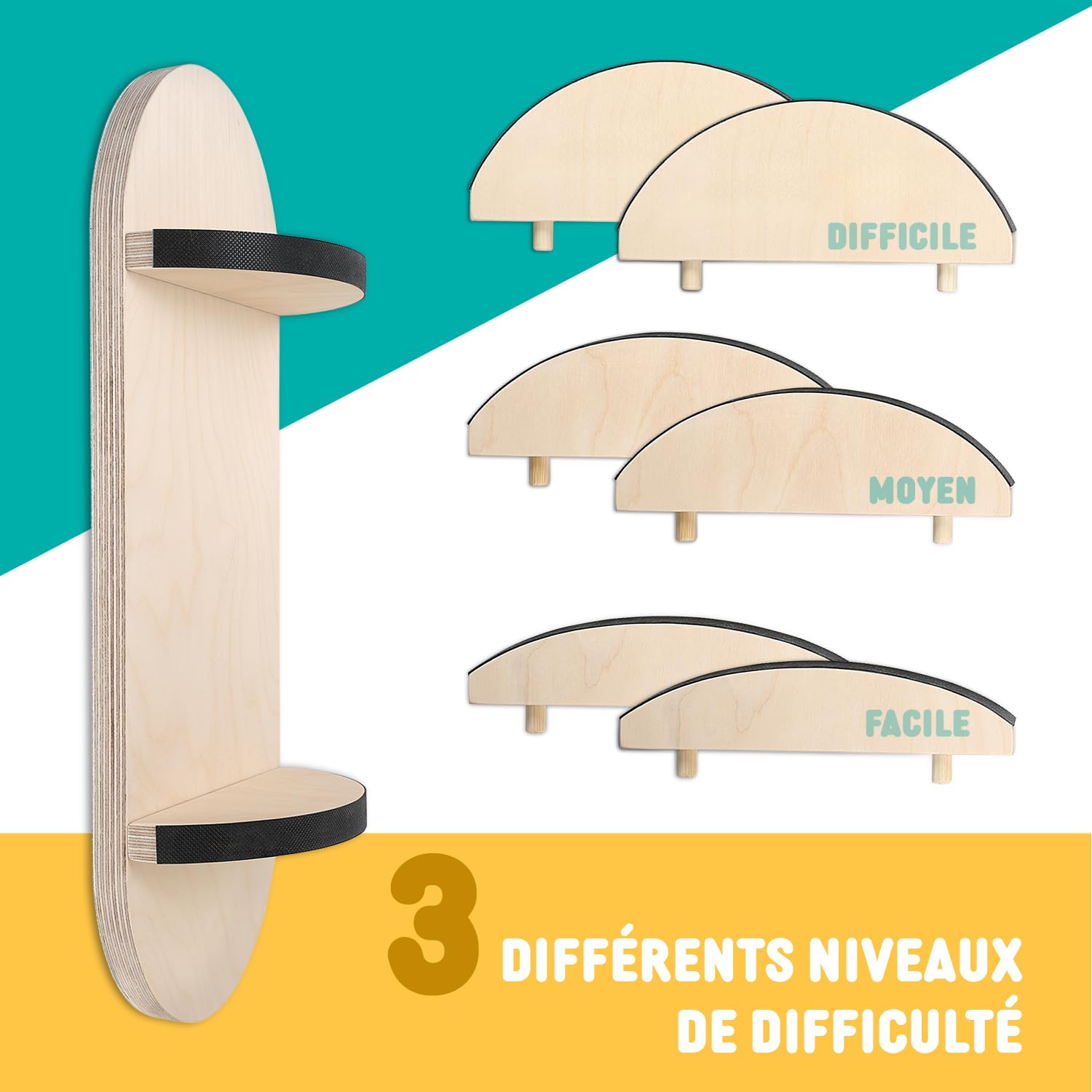 Festicy Planche d’Équilibre Enfant en Bois de Bouleau I Balance Board Antidérapante avec 3 Niveaux de Difficulté I Planche Équilibre Enfant dès 3 Ans I Jouet Éducatif et Sportif