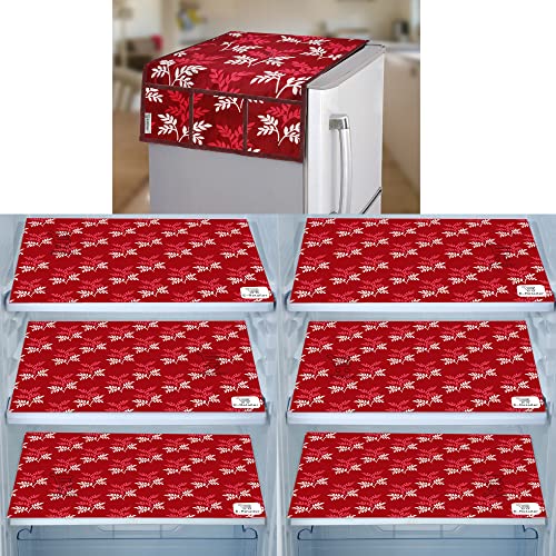 Image of Polyester 3-Layered Fridge Top Cover /Refrigerator Cover with Utility Pockets and Set of 6 Pc Fridge Mats (Color-Leaf Maroon, Size-39x21 Inch)
