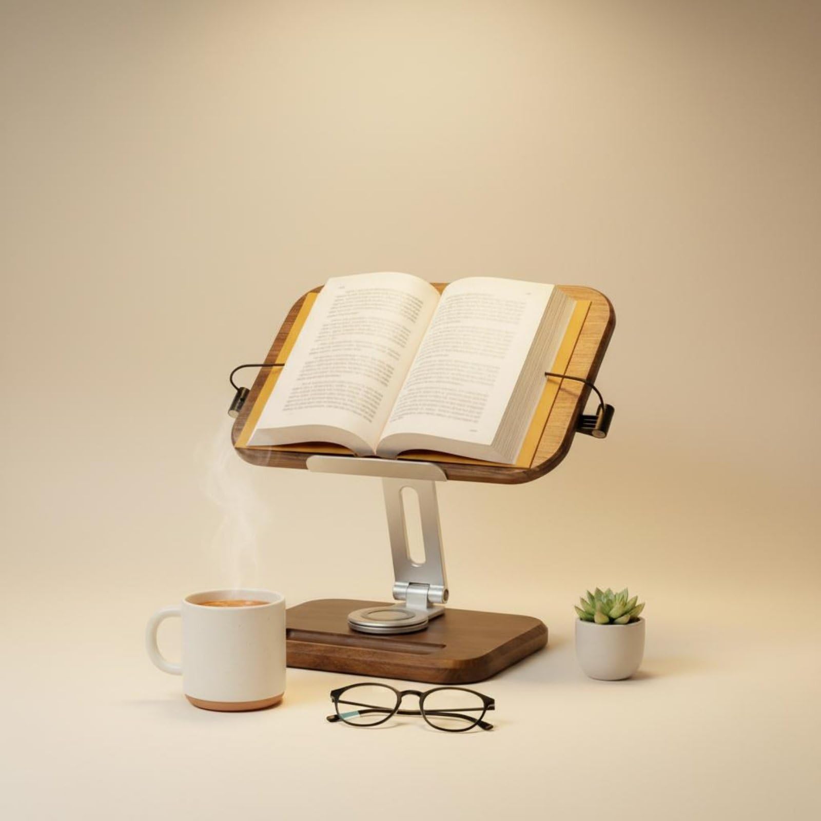 de Lecture Support Livre Lutrin Porte Livre Repose Livre en Noyer Ergonomique avec Bras Réglable en Alliage d'Aluminium et Système Rotatif 360 Pinces