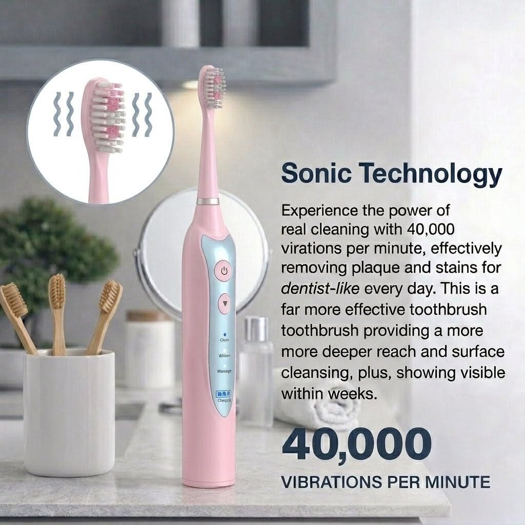 Sonic Elektrische Zahnbürste für Erwachsene mit 5 Zahnbürsten-Ersatzköpfen, 3 Putzmodi & 2 Minuten eingebautem Timer, Reisezahnbürsten mit induktiver Aufladung, wiederaufladbare Zahnbürste | Rosa