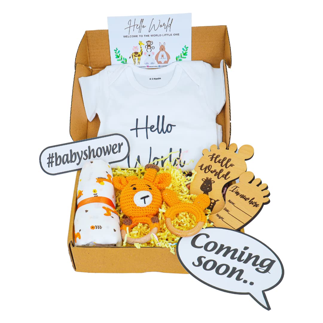 The Baby First Box New Born Newborn Bundle: Onesie, Muslin Swaddle, Crochet Rattle, Teething Ring, And Baby Announcement Plaque|Baby Shower Gifts|Baby Gift Hamper|Pack Of 5,Yellow-image-14