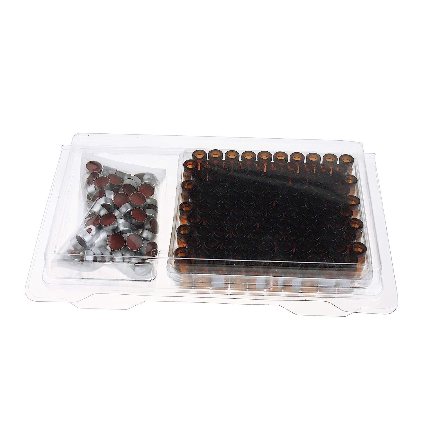 ALWSCI 100 Stücke Glasfläschchen 2mL Braunglasfläschchen Crimp Neck Vials ND11, 11mm Breite Öffnung, Offener Bördelverschluss mit Transparentem PTEF/Naturkautschuk Rot-Orange Septa