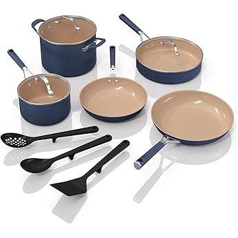 Ninja Ceramic Pro 10Piece Cookware Set, NonStick Pots & Pans Set with Glass Lids, Nontoxic, PTFE Free, Ceramic Coated, Stove to Oven Safe, All Stovetops & Induction Compatible, Neutral Gray, CW39010GY