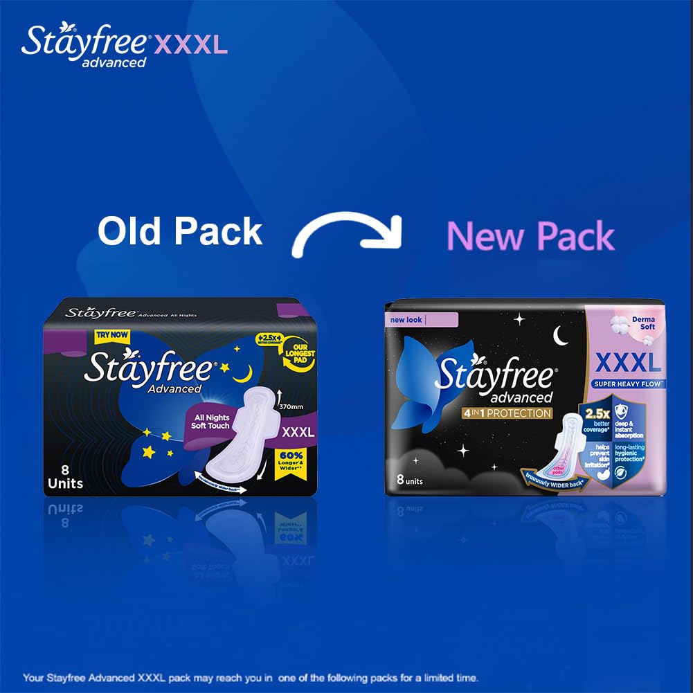 Stayfree Advanced XXXL+ Thin Sanitary Pads for Women | 8 Soft Cotton Pads for All Night Ultra Comfort | Absorbs 2x More with Wider Back | Prevent Rashes | Odour Control 1