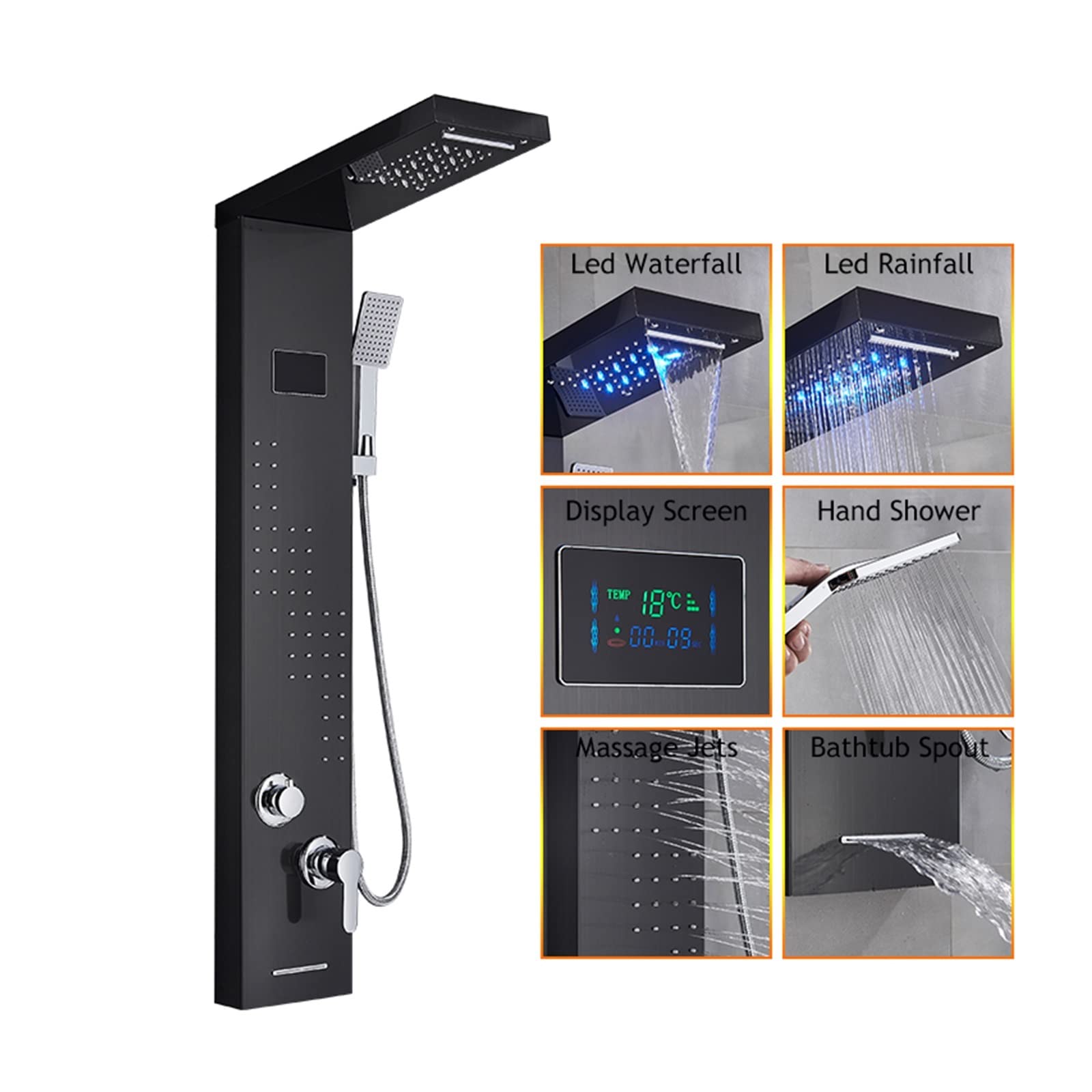 Soywim 8012 Black Shower System, Led Shower Panel Bath Faucet Temperature Digital Display Tub Body Massage System Jets Tower Column(8012 Black)