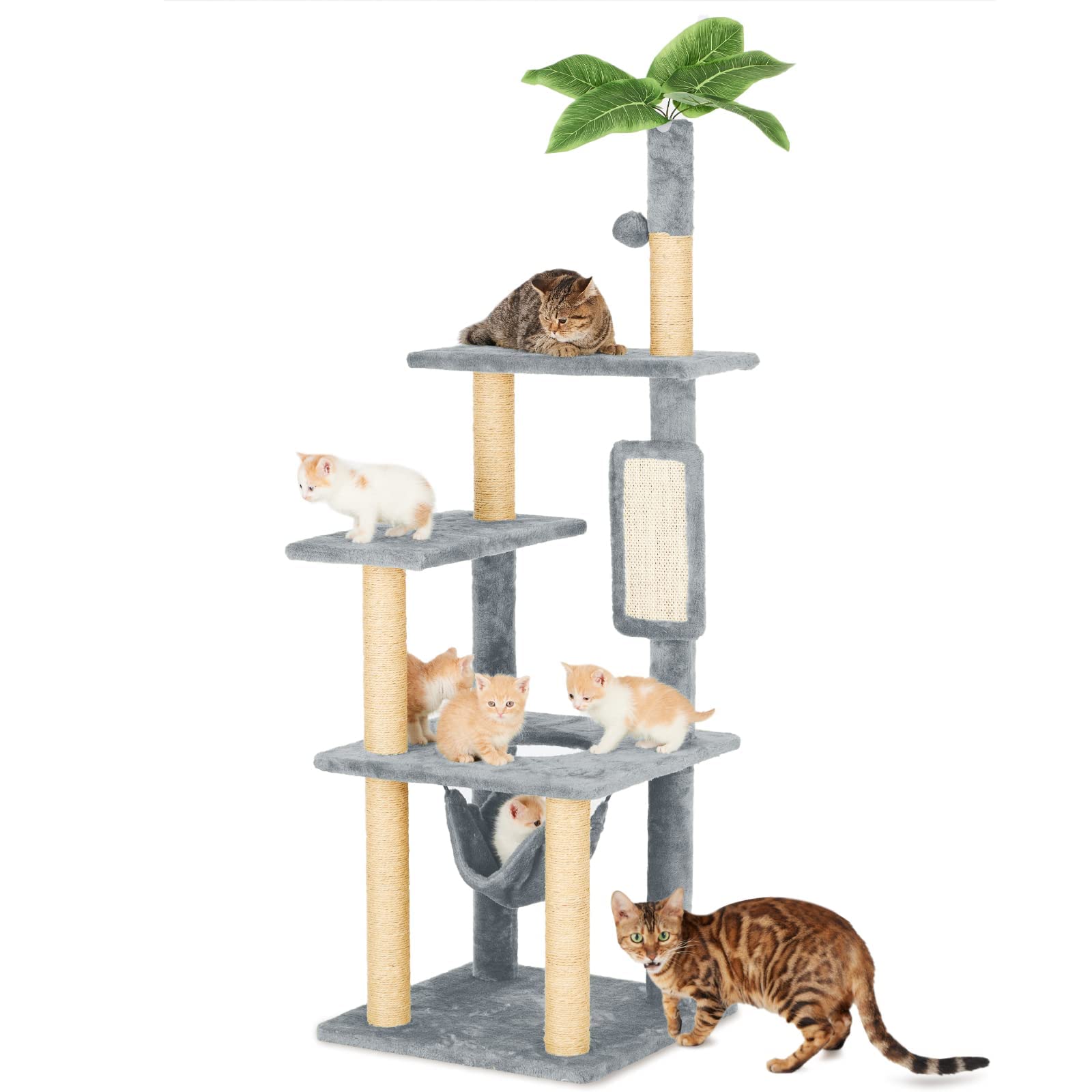 55" Cat Tree for Indoor Cats with Green Leaves, Multi-Level Large Cat Tower for Indoor Cats with Hammock, Plush Cat House with Hang Ball Toy and Cat Sisal Scratching Posts Cat Furniture, Grey