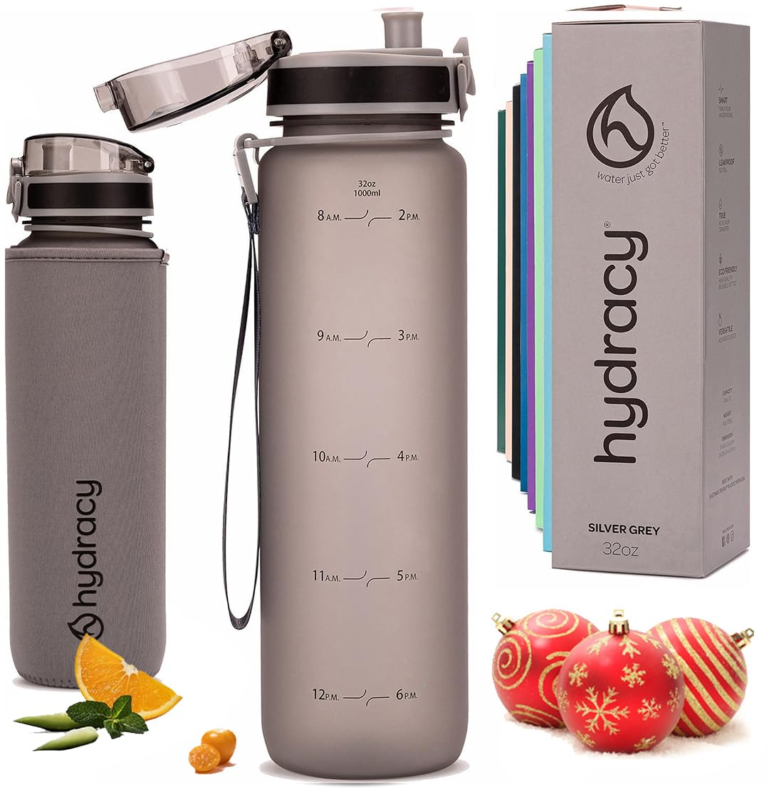 Hydracy Water Bottle with Time Marker -Large 1 Litre BPA Free Water Bottle & No Sweat Sleeve -Leak Proof Gym Bottle with Fruit Infuser Strainer & Times to Drink -Ideal for Fitness Sport & Outdoor