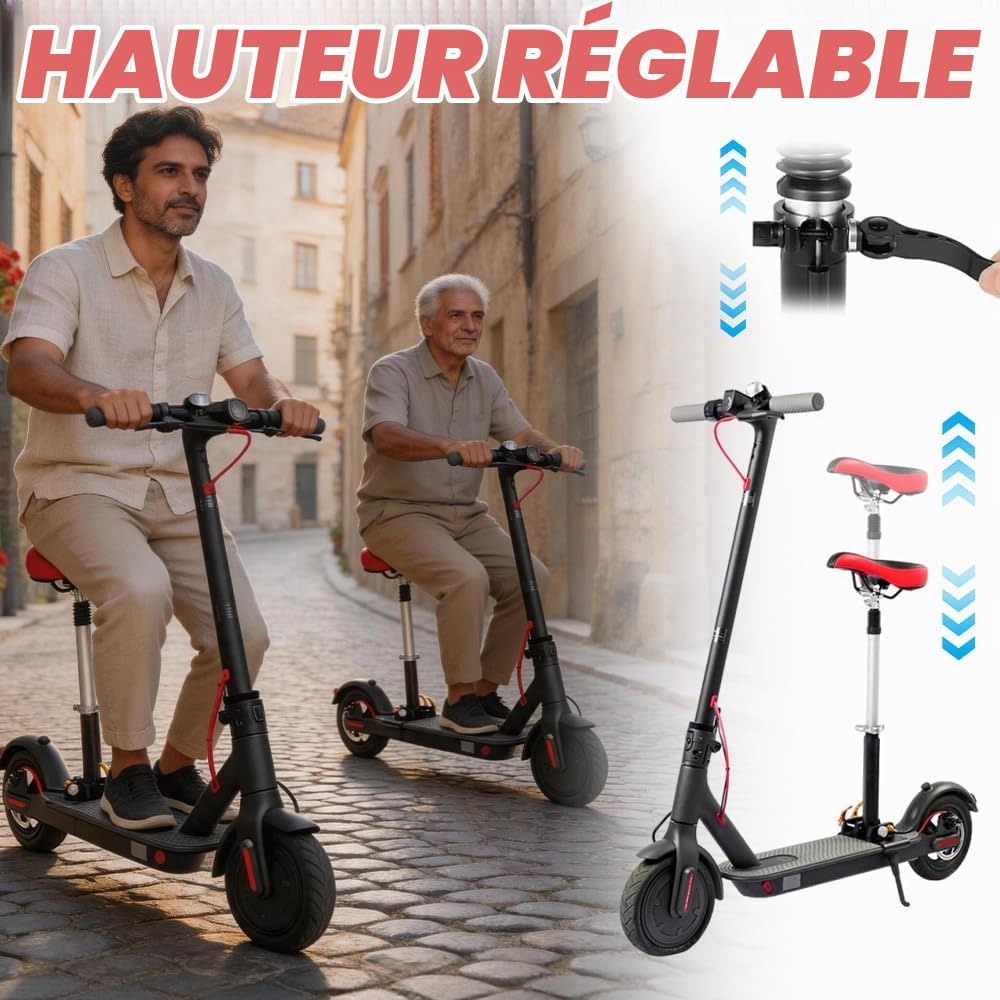 Selle Trottinette, Siege Trotinette Electrique, Selle de Scooter Électrique avec Amortisseurs à Ressort, Siège de Trottinette Électrique pour 15cm Largeur de Base, Hauteur Réglable 42-65cm
