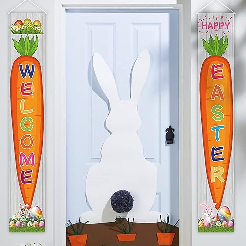 Miniatura 7 de 2 pancartas de tela para puerta de Pascua, huevos de Pascua, zanahoria, conejo, conejo, puerta colgante, porche, bandera colgante de bienvenida para