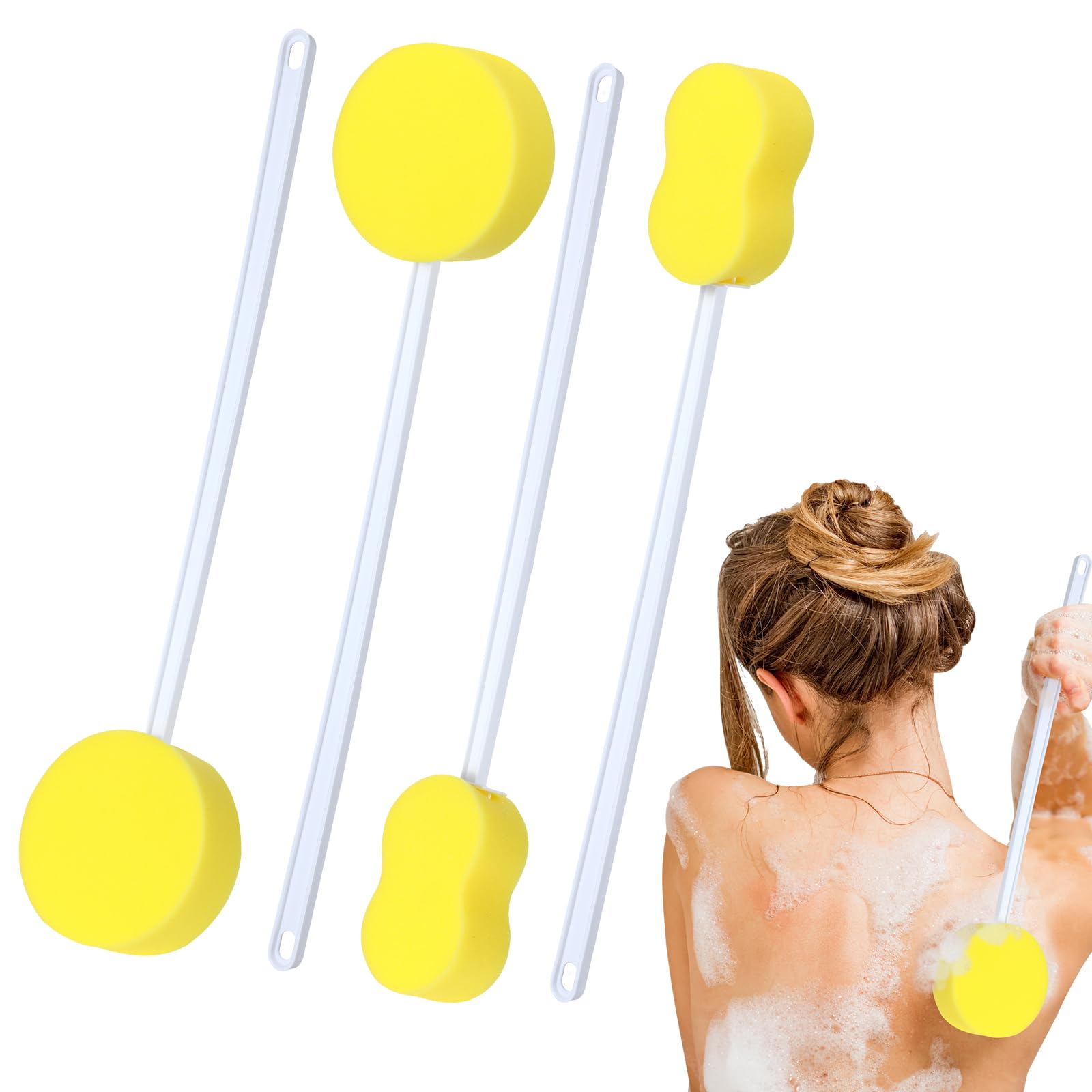Uiifan 4 Pcs Long Handle Bath Sponge Yellow Back Sponge on a Stick Round and 8 Shape Back Washer for Shower White Handle Butt Scrubber Bathing Brush for Foot Body Cleaning Bathing Limited Motion