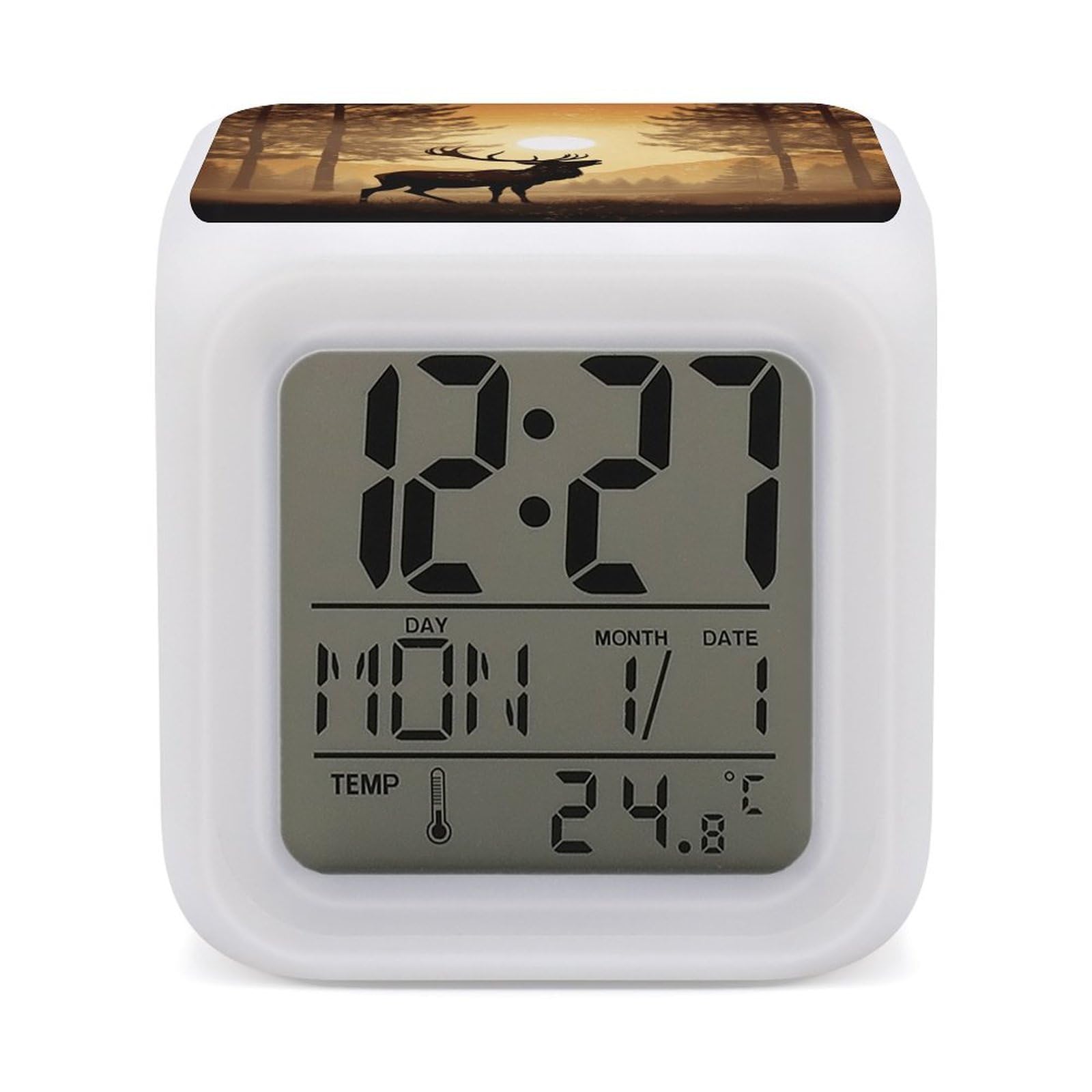 VstaDank Elk Artwork Alarm Clocks with 7 Color Changing Night Light Exquisite Bedroom Digital Clocks with LED Temperature Display Desk Clock Ok to Wake Clocks for Heavy Sleeper