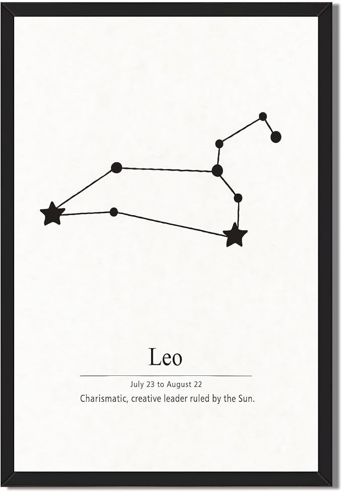 Framed Leo Zodiac Sign Poster Canvas Print Art Minimalist Aesthetic Wall Art Painting Pictures for Living Room Home Decor Wall Decoration Dorm Room Art Print (Black Framed,12L x16W)