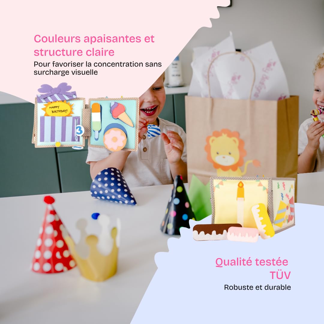 Jolly Designs® Mini Quiet Book Joyeux Oursiversaire – Jouet Montessori dès 12 Mois – Livre sensoriel & Livre Tissu pour bébé – Busy Book Fait Main en Feutrine – Jouet éducatif & de Voyage