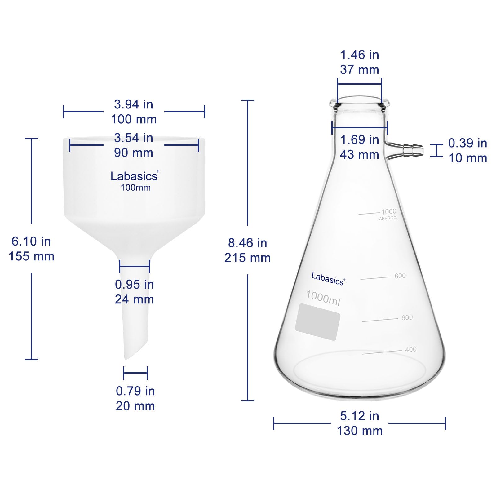 Labasics Entonnoir Büchner en Porcelaine, Entonnoir Buchner de 100 mm de Diamètre Extérieur et Fiole 1 L en Borosilicate avec Adaptateur Caoutchouc pour Laboratoire