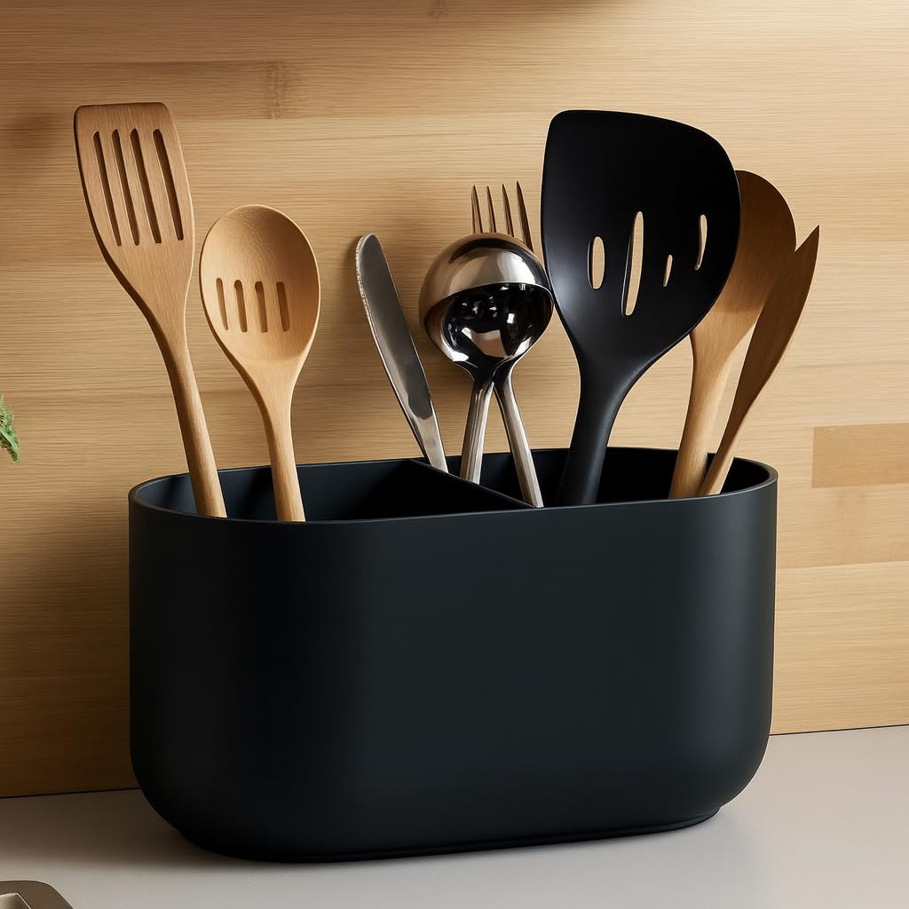 Modern Kitchen Utensil Holder with Two Compartments (Matt Charcoal Black)