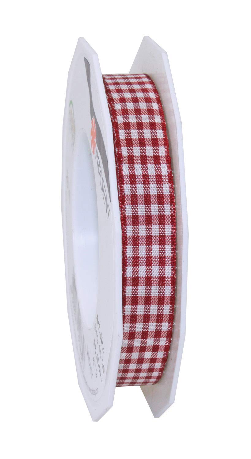 Präsent - Vichy Wired Ribbon Bordeaux-Cream 15 mm Width, 20 m Length, Blue-white, 15 mm - 20 m