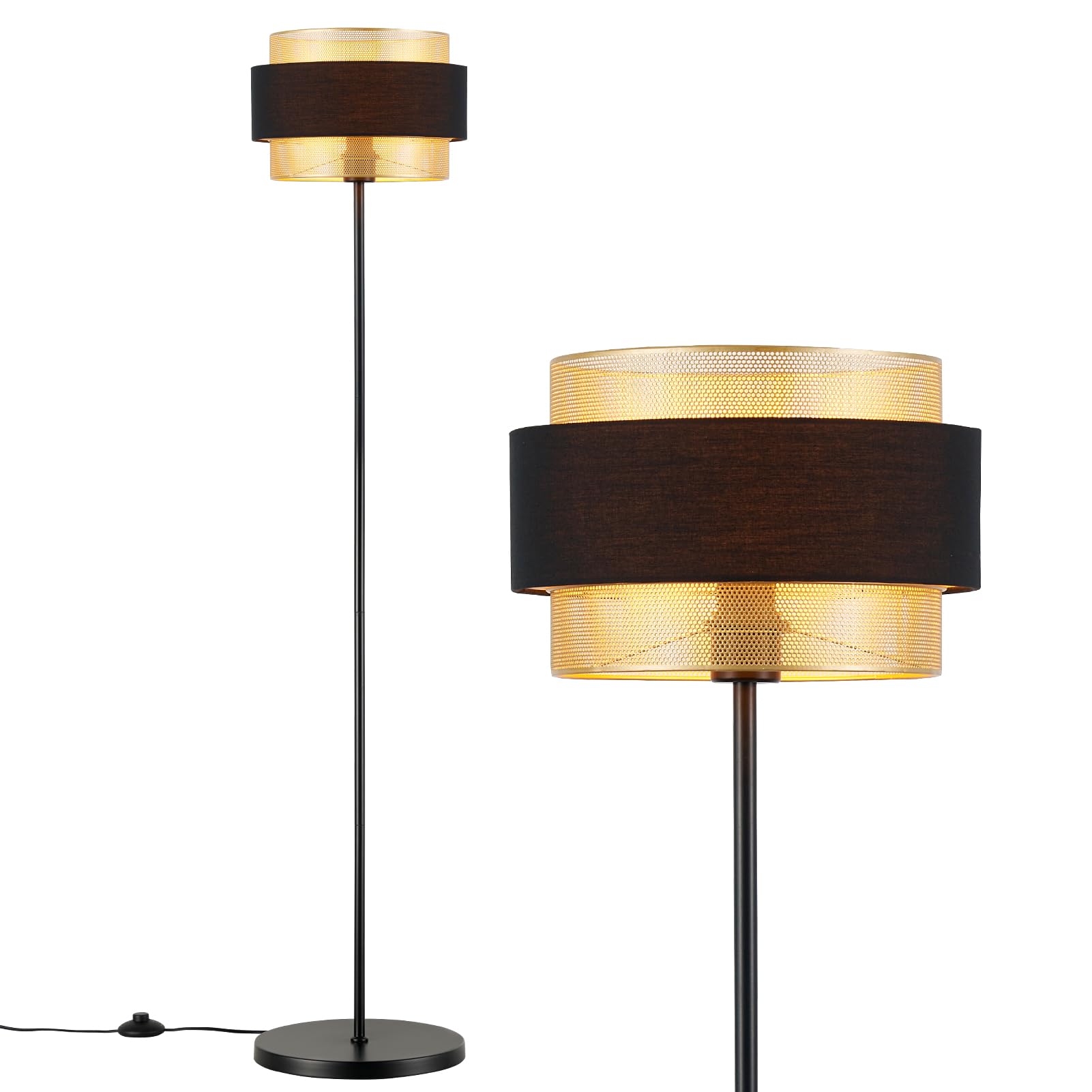 HARPER LIVING Black & Gold Floor Lamp, 40W E27 Standing Lamps for Living Room, Bedroom - Metal Mesh & Fabric Shade, Modern Vintage Standard Light - 141cm Height, No Bulb