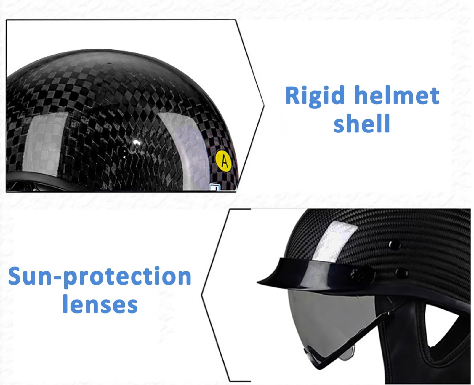 Kask motocyklowy vintage z wizjerem, kask z włókna węglowego dla kobiet i mężczyzn, kask do cruiser, motoroweru i skutera, homologacja ECE 6,M (56-57 cm)