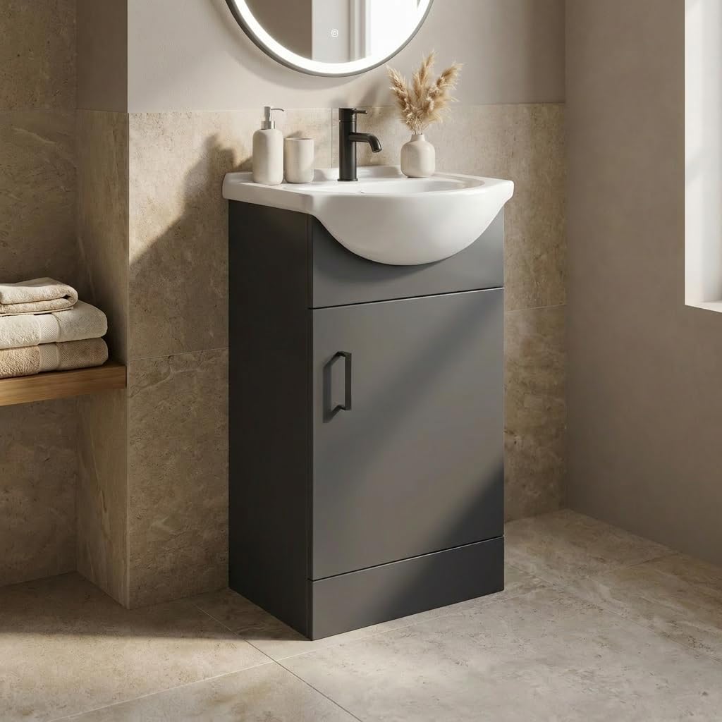 Affineยฎ 450mm Vanity Unit Basin Sink Bathroom Storage Cabinet Cupboard Freestanding, Single Tap Hole Ceramic Wash Basins, Soft Close Door, Matt Black