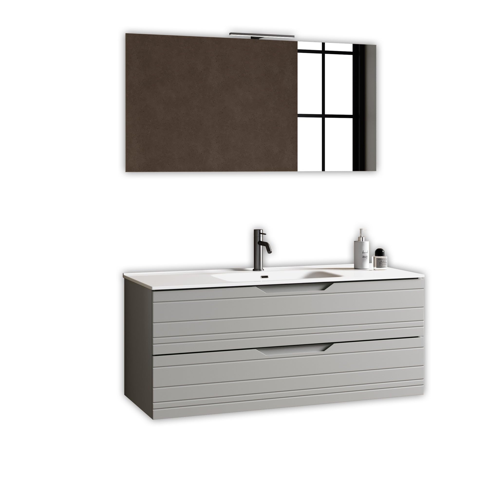 AQA DESIGN accessori casa composizione 4 pezzi bagno, base sospesa con frontali in MDF, finitura grigio opaco, nr2 cassetti con scorrimento e - Grigio - 121x46,5x190 cm