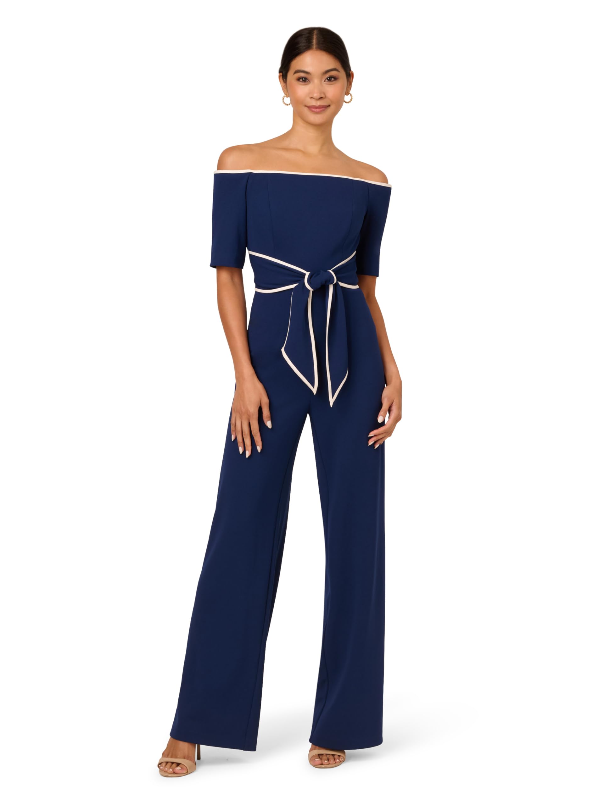 Adrianna Papell Womens Knit Crepe Tie Jumpsuit, Navy Sateen/Ivory, 10