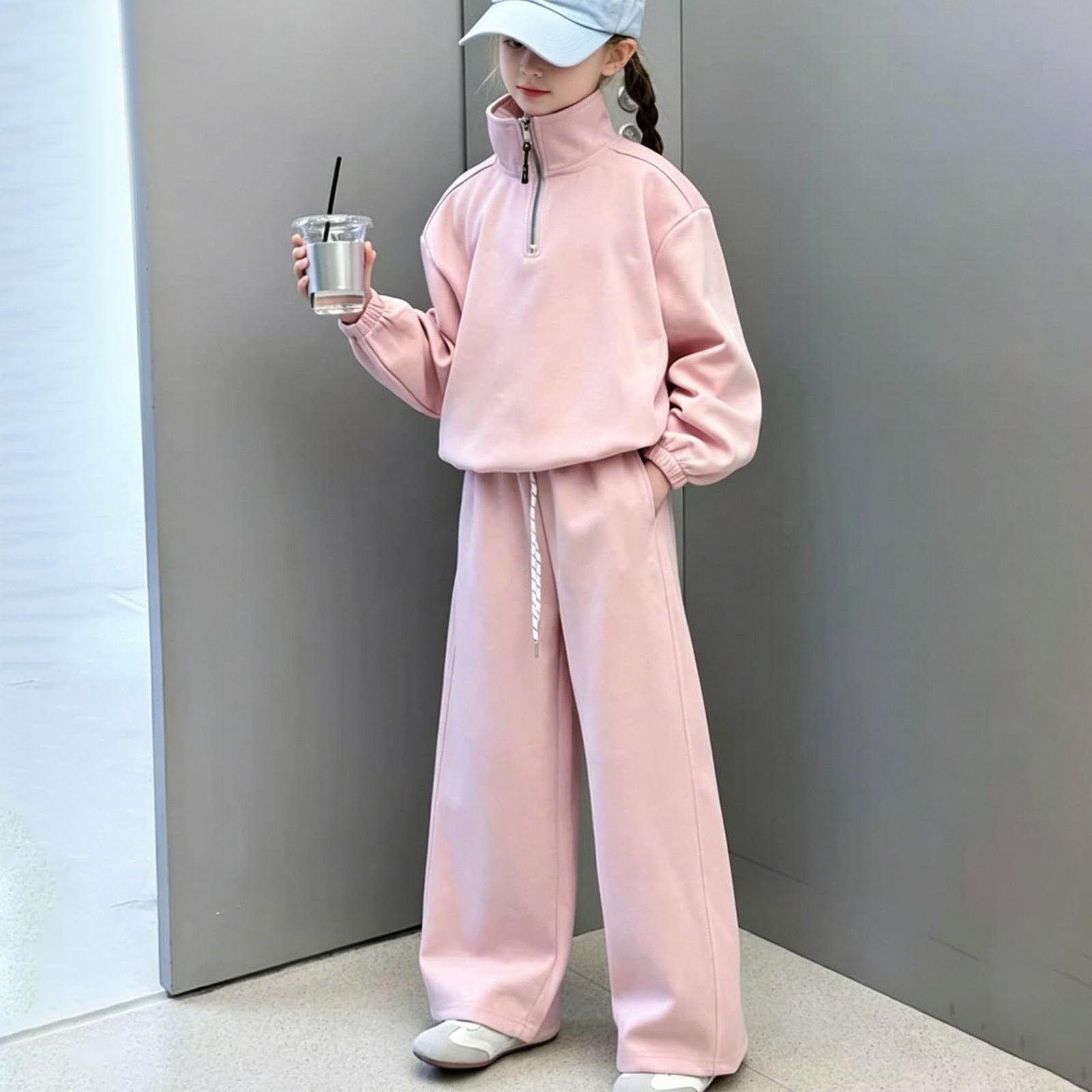 Tuta da ragazza con cappuccio e pantaloni della tuta con mezza zip, rosa, 7-8 anni | Felpa con cappuccio e pantaloni sportivi per bambini, set da 2 pezzi, per la scuola, casual, comodo, con cerniera a un quarto