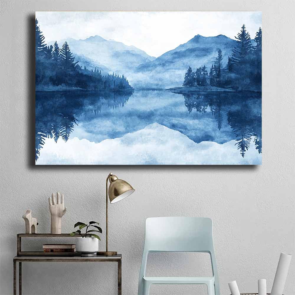 QUSAAOU Bilder Wohnzimmer Modern Blaues Aquarell Bergsee Moderne FüR Das Wohnzimmer Auf Leinwand Wandbilder Affiches Murales Pour La Maison(Blau)-30x45cm Gerahmt