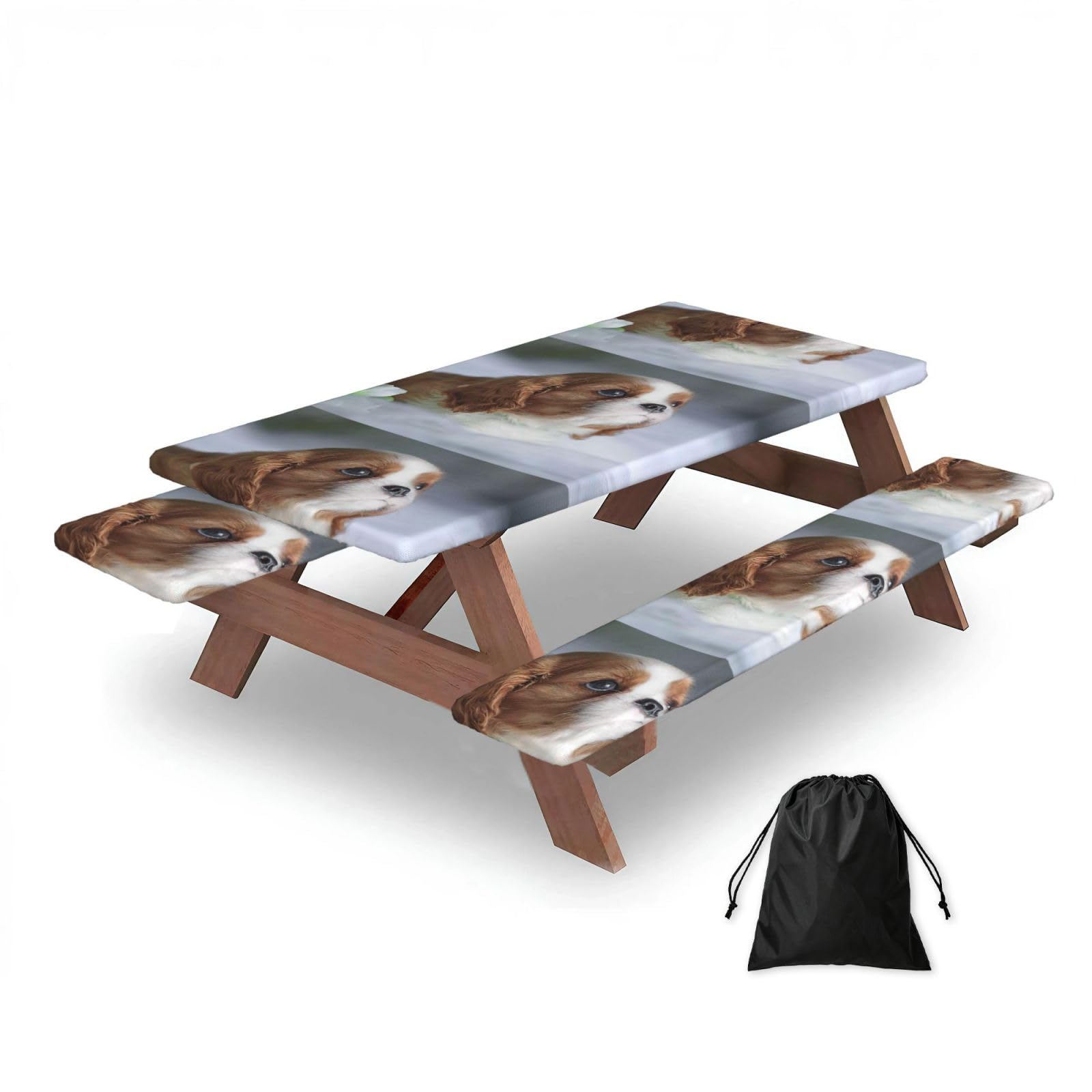 Cavalier King Charles Spaniel Face, Picnic Table Cover With Bench Covers -Waterproof Elastic Fitted Tablecloth for Garden Camping Patio 76x152cm